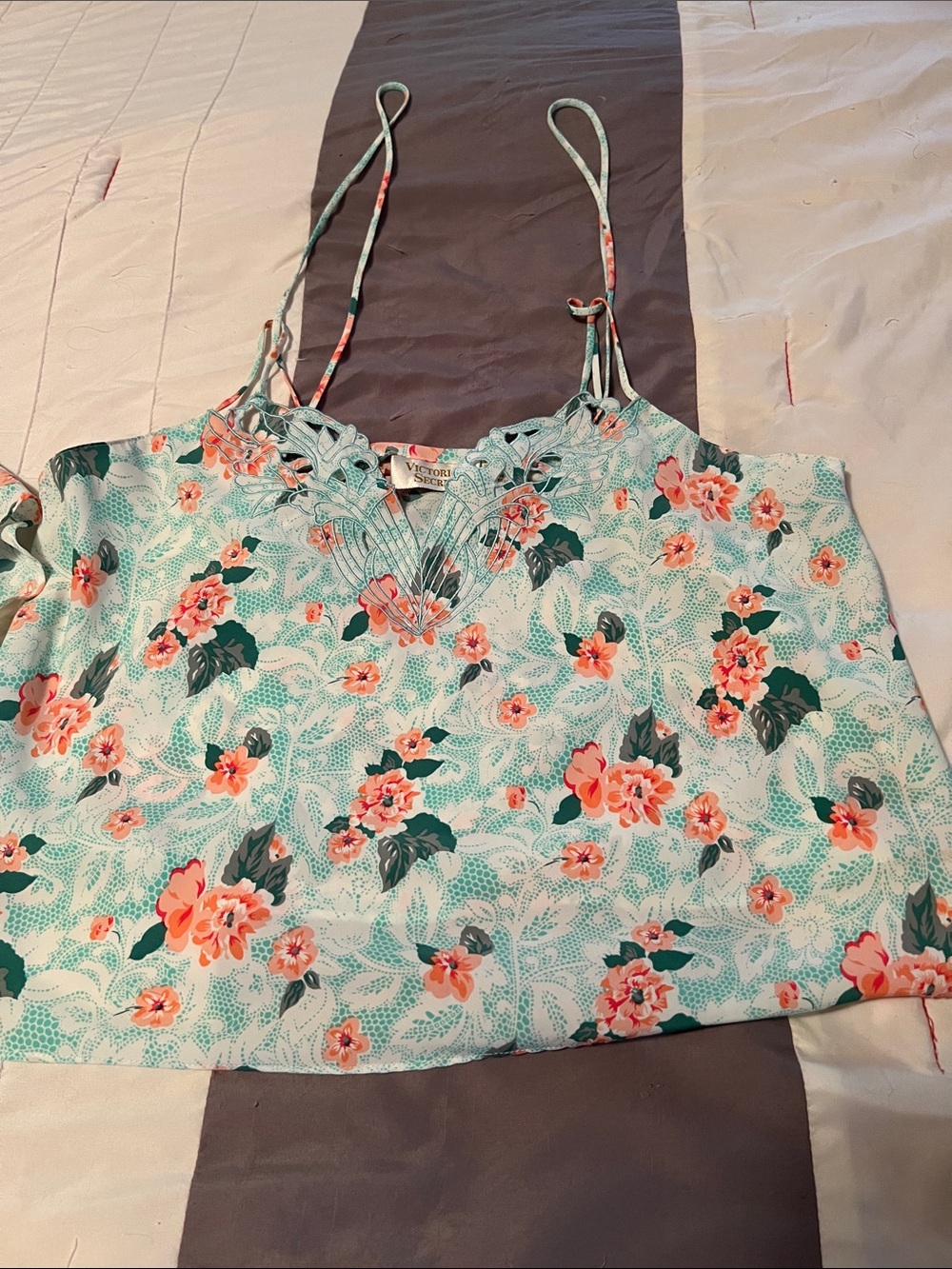 Victoria's Secret Mint Floral Lace-Trim Cami with Coral Flowers
